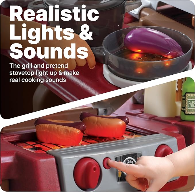 Step2 Grand Walk-In Kitchen & Grill Kids Playset, Indoor/Outdoor Kitchenette, Interactive Play with Lights and Sounds, Durable Plastic, 103 Piece Toy Accessories, Toddlers 2+ Years Old, Brown/Tan
