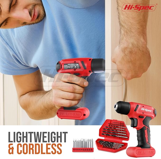 Hi-Spec 58pc Red 8V USB Electric Power Cordless Drill Driver and Home DIY Tool