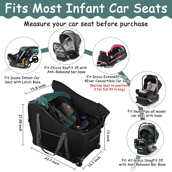 SCTEL Infant Car Seat Travel Bag Fit Doona Car Seat Stroller and Base, Chicco Keyfit 35 and Base, Doona Travel Bag with Wheels, Padded Car Seat Bags for Air Travel, Nuna Travel Bag with Zipper Pocket