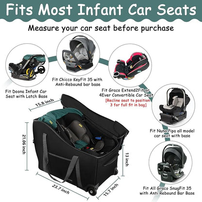 SCTEL Infant Car Seat Travel Bag Fit Doona Car Seat Stroller and Base, Chicco Keyfit 35 and Base, Doona Travel Bag with Wheels, Padded Car Seat Bags for Air Travel, Nuna Travel Bag with Zipper Pocket