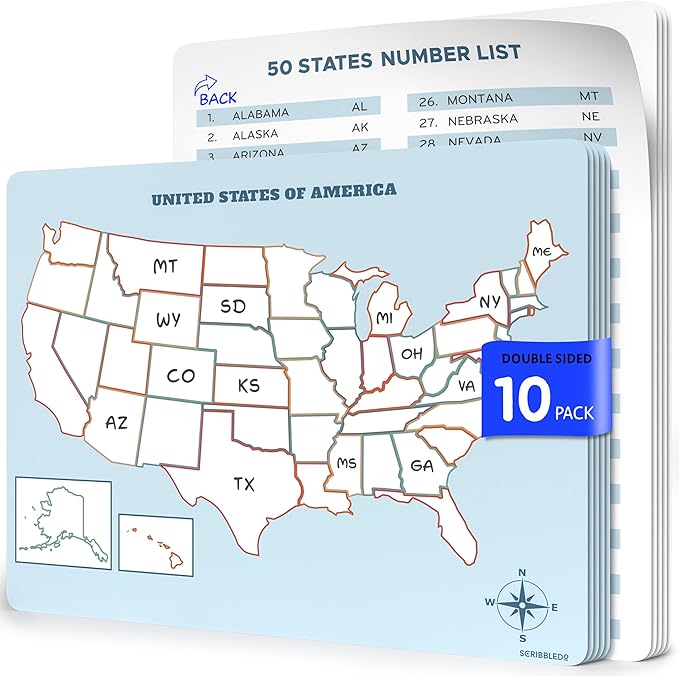SCRIBBLEDO US Map Practice Sheets 11'x14' Dry Erase Sheets for Homeschool, Classroom Pack of 10