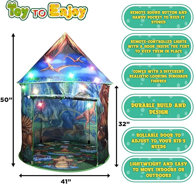 Dinosaur Pop Up Kids’ Play Tent by Toy to Enjoy - Perfect for Indoor & Outdoor. Dinosaur Camping Tent for Toddlers, Boys&Girls. Includes Remote Controlled Lights, Roar Sound Button & 3 Different Toys