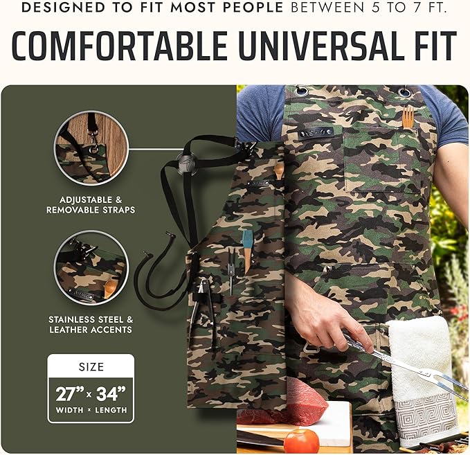 Asaya Chef and BBQ Apron with Bottle Opener and Hand Towel - 10oz Cotton Canvas