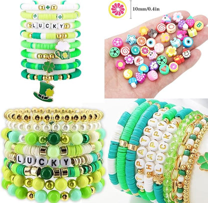 St.Patrick's Day Polymer Clay Beads Bracelet Making kit, 3480pcs 24 Style Cute Fun Beads Charms for Jewelry Necklace Earring Making DIY Accessories for Women Girls