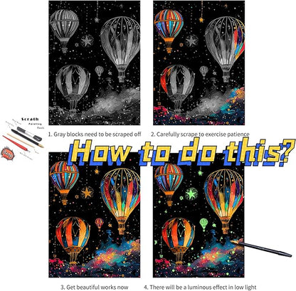Scratch Paper Art for Adults-Glow in The Dark Scratch Painting Craft Kit (8 Sheets A4)|DIY Foil Engraving Art Set|Stress Relief Gift for Travel Lovers,Craft Lovers,Home Decors (Fireworks)