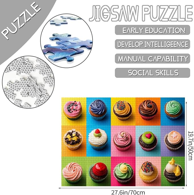 1000 Piece Jigsaw Puzzles for Adults,Different Fillings and Decorations Cupcakes Jigsaw Puzzles，Colorful Cupcakes Puzzle，Challenging Family Activity for Game Nights，Cupcake Dessert Puzzle Decor