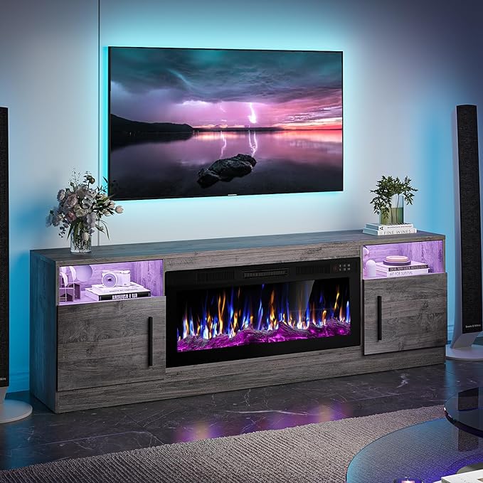 VITESSE TV Stand with 36" inch Electric Fireplace Up to 80" TVs, LED Light