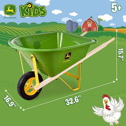John Deere Deluxe 34" Wheelbarrow and Garden Set Includes 5 Realistic Gardening Tools,Gardening Apron, Gardening Gloves, Large Metal Wheelbarrow with Wooden Handles, Outdoor Toy Ages 5+