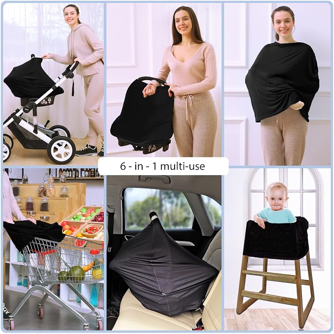 Car Seat Covers for Babies - Multi- use Nursing Carseat Canopy, Breastfeeding Covers, Baby Shower Gifts for Boys and Girls (Pure Black)