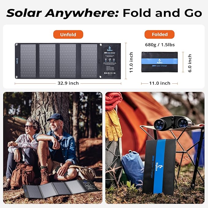 [Upgraded] BigBlue 3 USB Ports 28W Solar Charger(5V/4.8A Max), Portable Foldable Solar Panel for Camping, IP44 Waterproof, Compatible with iPhone 11/XS/XS Max/XR/X/8/7, iPad, Samsung Galaxy LG etc.