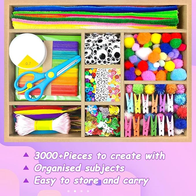 VLUSSO 3000Pcs DIY Arts and Crafts Supplies Kit for Kids - Kids Craft Kits Art Supplies Material Set with Pipe Cleaner All in 1 Crafts Activity Gifts Toys for Girls Boys Age 4-6, 6-8, 8-12 Years