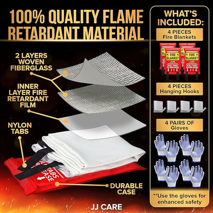 JJ CARE Fire Blanket ??4 Packs with Hooks and Gloves ??40??x 40??Fire Blankets Emergency for Home and Kitchen, High Heat Resistant and Flame Protection for Kitchen, Car, Office, Camping & Home Safety