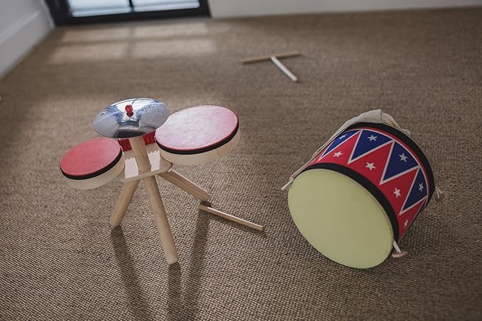 PlanToys Musical Band Toddler Drum Set Sustainably-Made with 2 Different-Sized Drums, Pair of Rubber-Coated Drumsticks, Cymbal, and Guiro to Explore Creativity