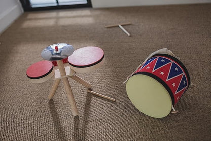 PlanToys Musical Band Toddler Drum Set Sustainably-Made with 2 Different-Sized Drums, Pair of Rubber-Coated Drumsticks, Cymbal, and Guiro to Explore Creativity