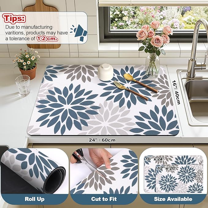 Findosom Floral Dish Drying Mat, Cuttable Drying Mat