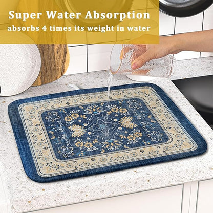 Blue Boho Dish Drying Mat for Kitchen Counter 16x18 Inch Fast Dry Drying Pad