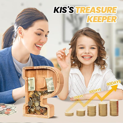 KMC Wooden Letter Piggy Bank, Personalized Initial Piggy Bank for Kids Boys, Clear Alphabet P Wood Money Box, Unbreakable Coin Saving Jar, Birthday, for Children