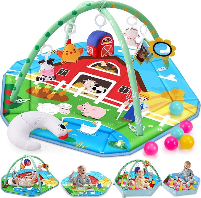Farm Animal Baby Gym Play Mat, 9-in-1 Tummy Time Mat with 7 Baby Toys, Washable Baby Activity Mat for Visual, Sensory, Motor Development, Newborn Baby Toys Gift for Toddler 0-3-4-6-9-12 Months