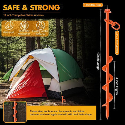 Zhengmy 12 Pcs Ground Anchors Screw in, 12 Inch Heavy Duty Tent Stakes with Trampoline Anchor Hook Ground Stakes for Camping Tent Canopies Ports Sheds Swing Sets Securing Animals (Orange)