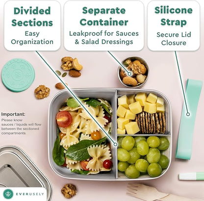 Everusely - Bento Box - Green, 47oz / 1.4 L - Stainless Steel Lunch Box with Leakproof Condiment Container - 3 Compartment Snack Organizer for On the Go Meals - Freezer & Dishwasher Safe