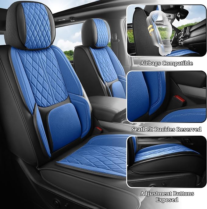 Custom Fit Chevy Silverado GMC Sierra 1500 2007-2026 2500/3500 HD Crew Cab Full Set Car Seat Covers - 5 Pack, Premium Faux Leather Truck Seat Protector with Airbag Compatible Design, BlackBlue