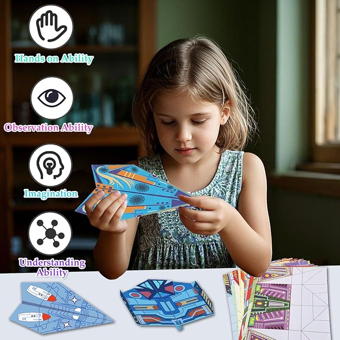 Paper Airplane Kits with 16 Classic Designs, 32 Sheets of Colorful Origami Paper, World Record Paper Planes, Airplane Gifts for Boys and Girls Ages 6-12+ (Digital Manual Only, Fun and Easy to Fold)