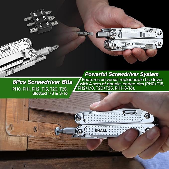 SHALL Multi Tool, 18-in-1 Multitool Pliers, Stainless Steel Multi-tool Pocket Knife w/Screwdriver Bit, Self-locking Multipurpose Tool w/Sheath for Camping Fishing Survival Hunting