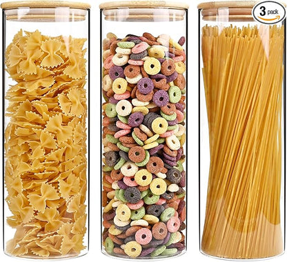 73oz Glass Pasta Storage Jars, Tall Glass Jars with Bamboo Lids, Spaghetti Container, Set of 3, Kitchen Storage Containers for Pasta, Pantry Organizers