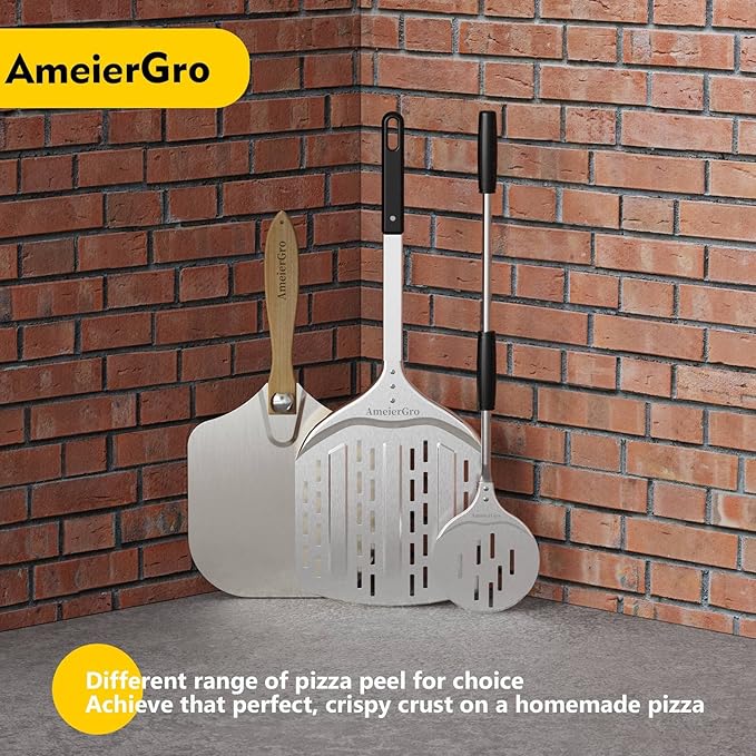 12" Perforated Pizza Peel, Long Handle(31") Anodised Aluminum Pizza Spatula Paddle, Pizza Oven Accessories for Pizza Stone/Grill