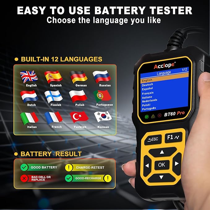 Acclope BT60 Pro Car Battery Tester, Digital Analyzer