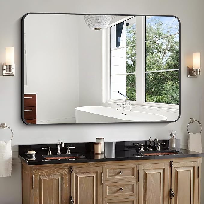 Bathroom Mirror, 48x36 inch Black Rectangle Wall Mirror, Metal Frame Rounded