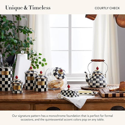 MACKENZIE-CHILDS Cookie Jar with Enamel Lid, Large Glass Treat Jar or Kitchen Jar, 1-Gallon Capacity, Black-and-White Courtly Check