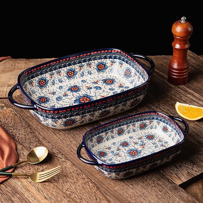 Baking Dish Ceramic Baking Pan Blue Casserole Dish Rectangular Baking Set 2pcs