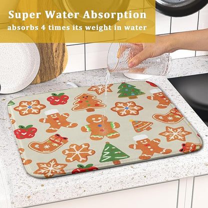 Christmas Dish Drying Mat for Kitchen Counter 16x18 Cute Gingerbread Themed