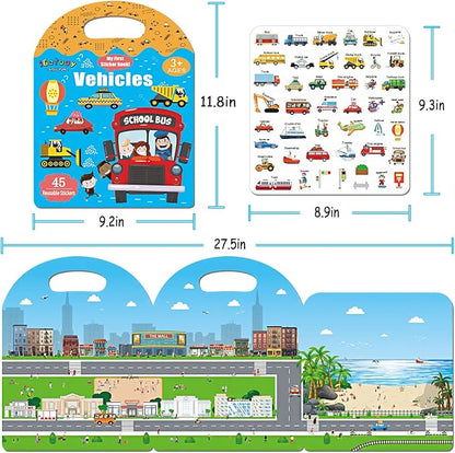 Reusable Sticker Books for Toddlers, Jelly Sticker Books for Kids, Vehicle Stickers for Kids