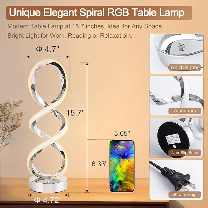 Modern Spiral RGB Table Lamp, Touch Dimmable Bedside Lamp, 7 Colors 10 Light
