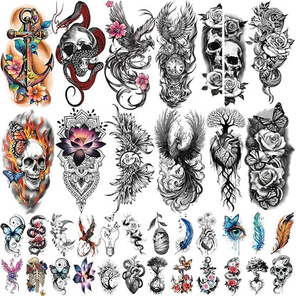 77 Sheets Temporary Tattoo for Women Men, 17 Sheets Half Arm Snake Skull Butterfly Fake Tattoos, 60 Sheets Cat Feater Wings Tiny for Adult Kids Party Body Tattoos Stickers Realistic Long Lasting