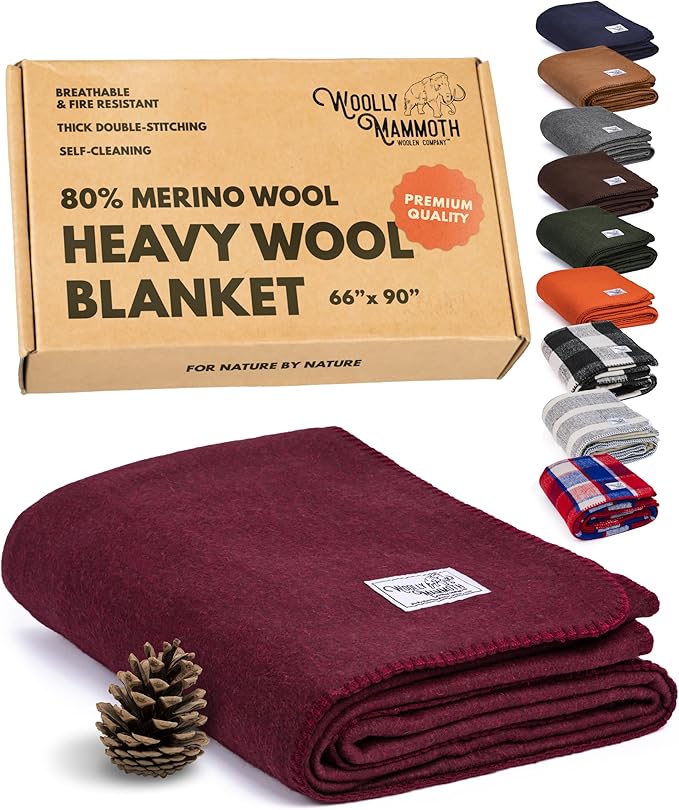 Woolly Mammoth Woolen Company Outdoor Merino Wool Throw Blanket - 66 x 90 in, Large, Burgundy - Heavy Thermal Camping Blankets - Breathable Wool Throw
