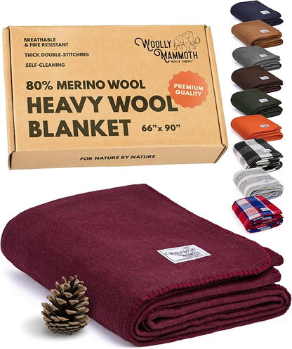 Woolly Mammoth Woolen Company Outdoor Merino Wool Throw Blanket - 66 x 90 in, Large, Burgundy - Heavy Thermal Camping Blankets - Breathable Wool Throw