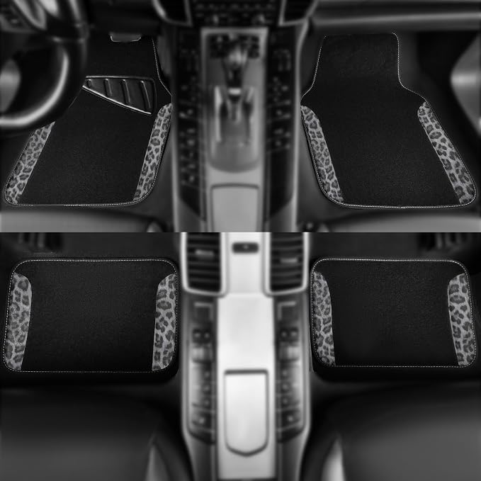 CAR PASS Waterproof Universal Car Floor Mats, Leopard Print Car Mats Fit for SUV,Vans,sedans, Trucks,Set of 4pcs Car Carpet with Driver Heel Pad and Nibs Backing, Leopard Car Accessories Gray Leopard