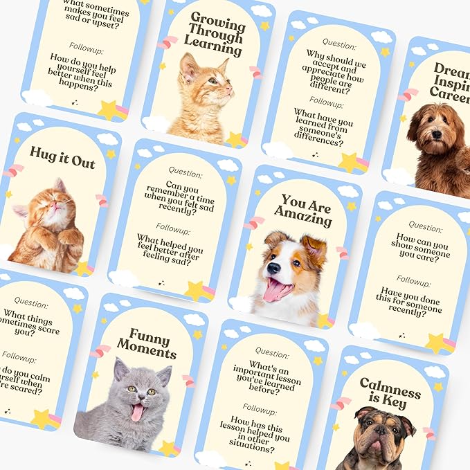CATCHYOURDREAMS Pawsitive Talk - 50 Mindfulness Converstion Starter Cards for Kids Children and Parents - Meaningful Conversations on Emotions and Wellness Autism Learning