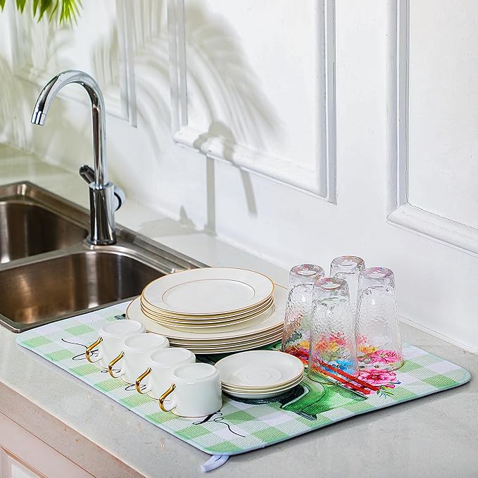 SiliFine 2 Pcs Dish Drying Mat for Kitchen, Spring Floral Absorbent Microfiber