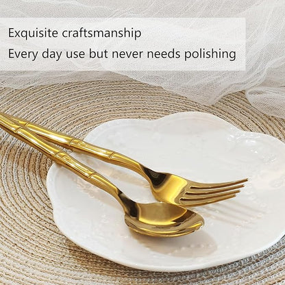 Gold 20-Piece Silverware Set, Bamboo Pattern Stainless Steel Flatware Set, Cutlery Set Mirror Polished, Dishwasher Safe, Service for 4