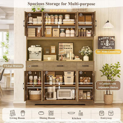 HOSTACK 71" Tall Kitchen Pantry Storage Cabinet with Charging Station, 55" Wide Kitchen Hutch Cabinet with Large Countertop, Farmhouse Food Pantry with Drawers for Living Room (Rustic Brown)