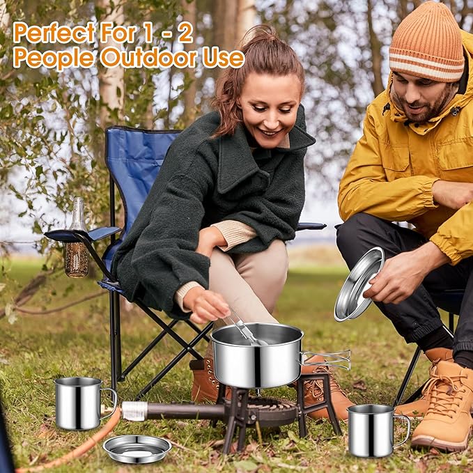 14 Piece Camp Cooking Set, Stainless Steel Camping Cookware with Pot and Pan Kit 2 Set Stainless Steel Cups Plates Forks Knives Spoons for Camping, Backpacking, Outdoor Cooking and Picnic