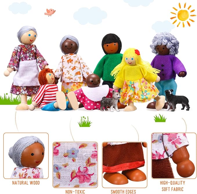 HyDren 30 Pcs Wooden Dollhouse Family of 23 People 7 Pets Doll House People Figures Dollhouse Dolls Wooden Dolls Dollhouse Accessories for Girls Toddler Kids Christmas Pretend Role Play Dress up Gift