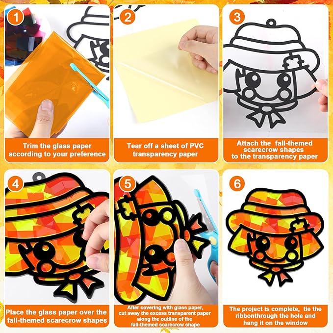 QOUBAI 32 Sets Fall Scarecrow Suncatchers Craft Kit DIY Window Stained Glass Effect Autumn Scarecrow Paper Crafts Home School Classroom Decoration Kid Birthday Gift Creative Art Project Activity Game