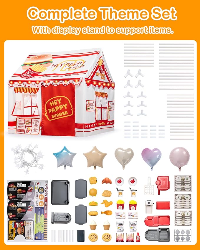 Kids Play Tent, Toddler Tent for Kid Indoor & Outdoor, 48.5"x39.4"x48.5" Playhouse Tent Burger Theme with Complete Toys Set, 3 Window, Lights and Balloons
