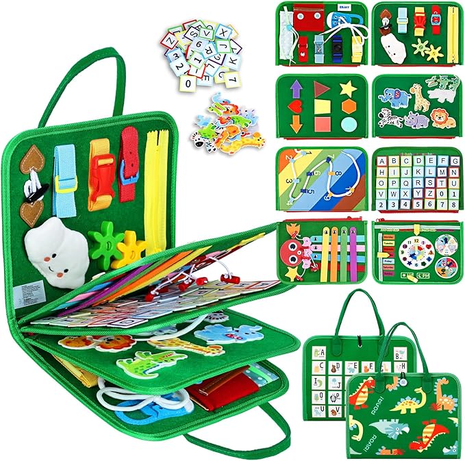 Esjay Toddler Busy Board Montessori Toys for Boys and Girls, Sensory Board Educational Activities for Learning Fine Motor Skills, Birthday Gifts Toddlers, Travel Toys for Airplane Car, Green Dinosaur