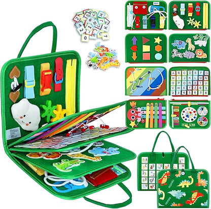 Esjay Toddler Busy Board Montessori Toys for Boys and Girls, Sensory Board Educational Activities for Learning Fine Motor Skills, Birthday Gifts Toddlers, Travel Toys for Airplane Car, Green Dinosaur